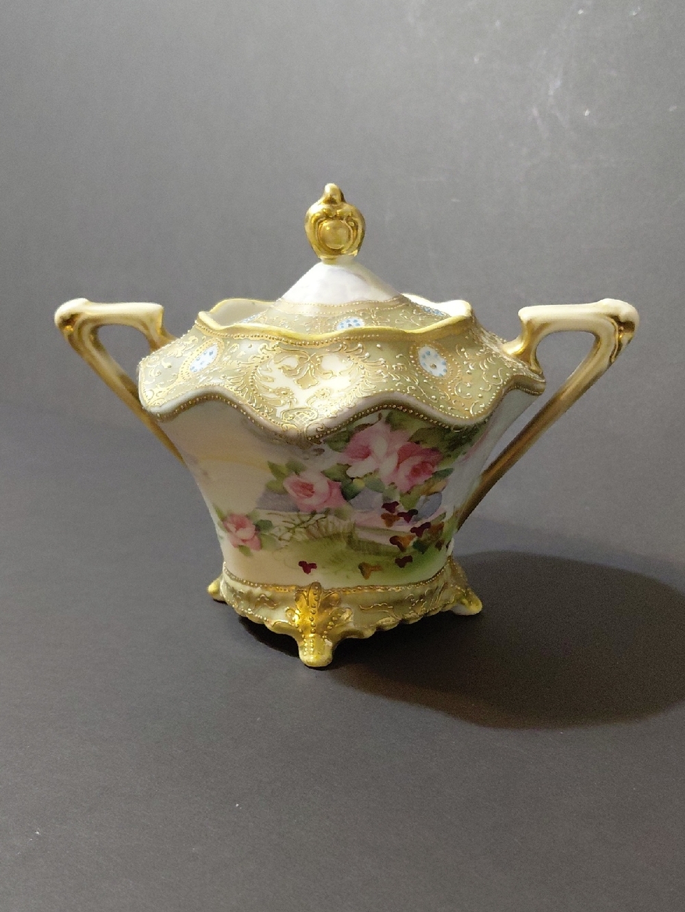 Vintage Noritake Hand Painted Porcelain Double Handle Covered Sugar Bowl